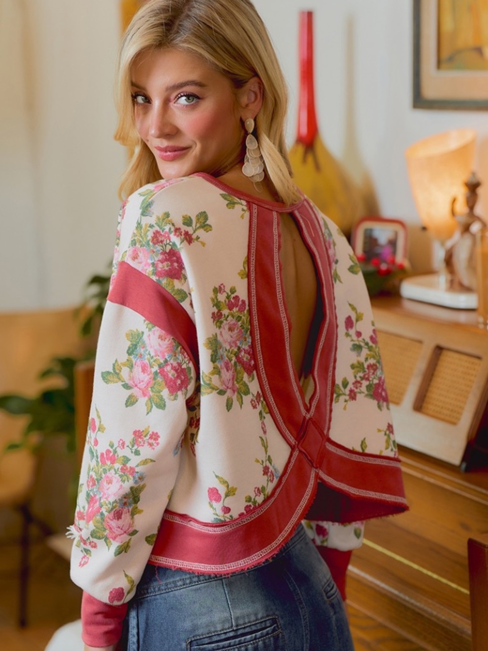 Bibi Floral Print Reverse Stitch Open Back Long Sleeve top